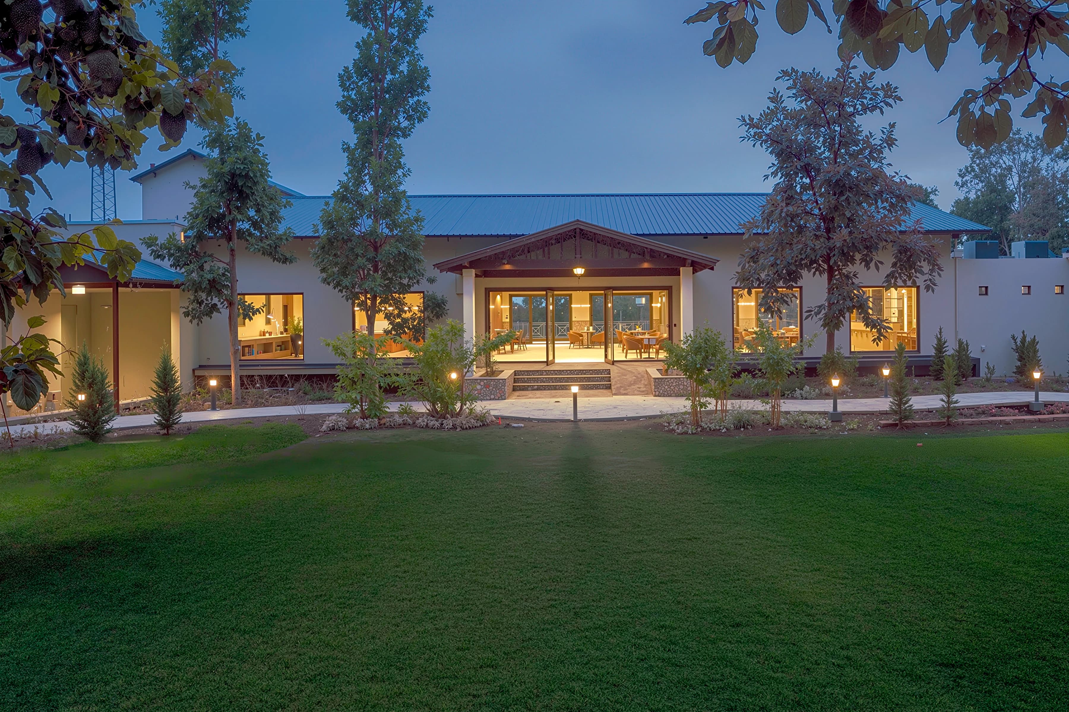 Leopard on rocks overlooking green landscape